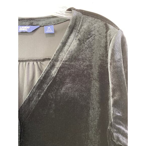 Lands End Black Velvet Button Front Top V Neck Sz M 10-12 Old Money Cozy Luxury - Picture 4 of 10